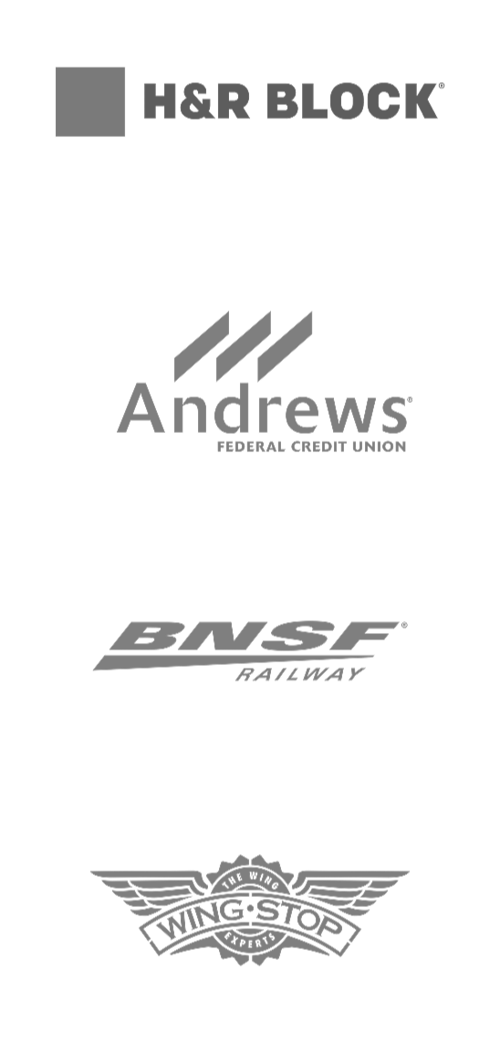 Logo list 2 H&R Block, Andrews federal, BNSF, Wingstop